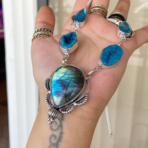 925 Sterling silver Labradorite & druzy necklace - Picture 2 of 8